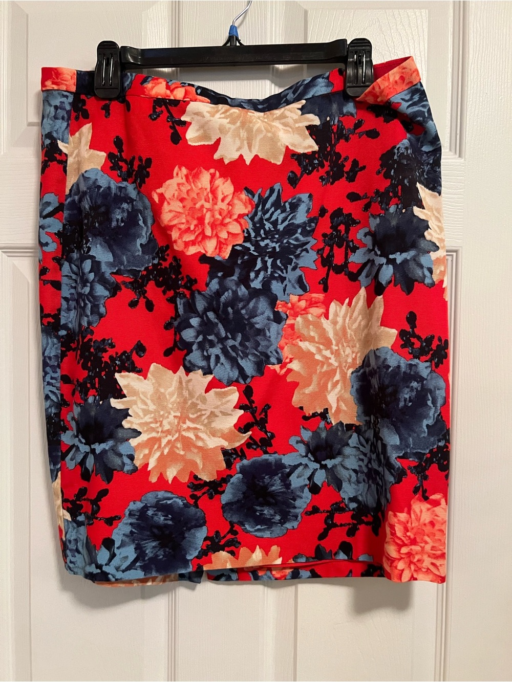 Talbots Red Floral Pencil Skirt with Blue and Cream Blooms